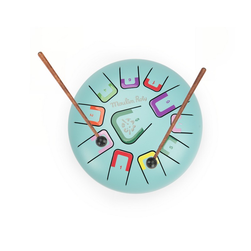 Tamburo a lingue in metallo (steel tongue drums) di colore azzurro, include bacchette, libretto con canzoni e borsa per il trasporto - una fantastica idea regalo per bambini!